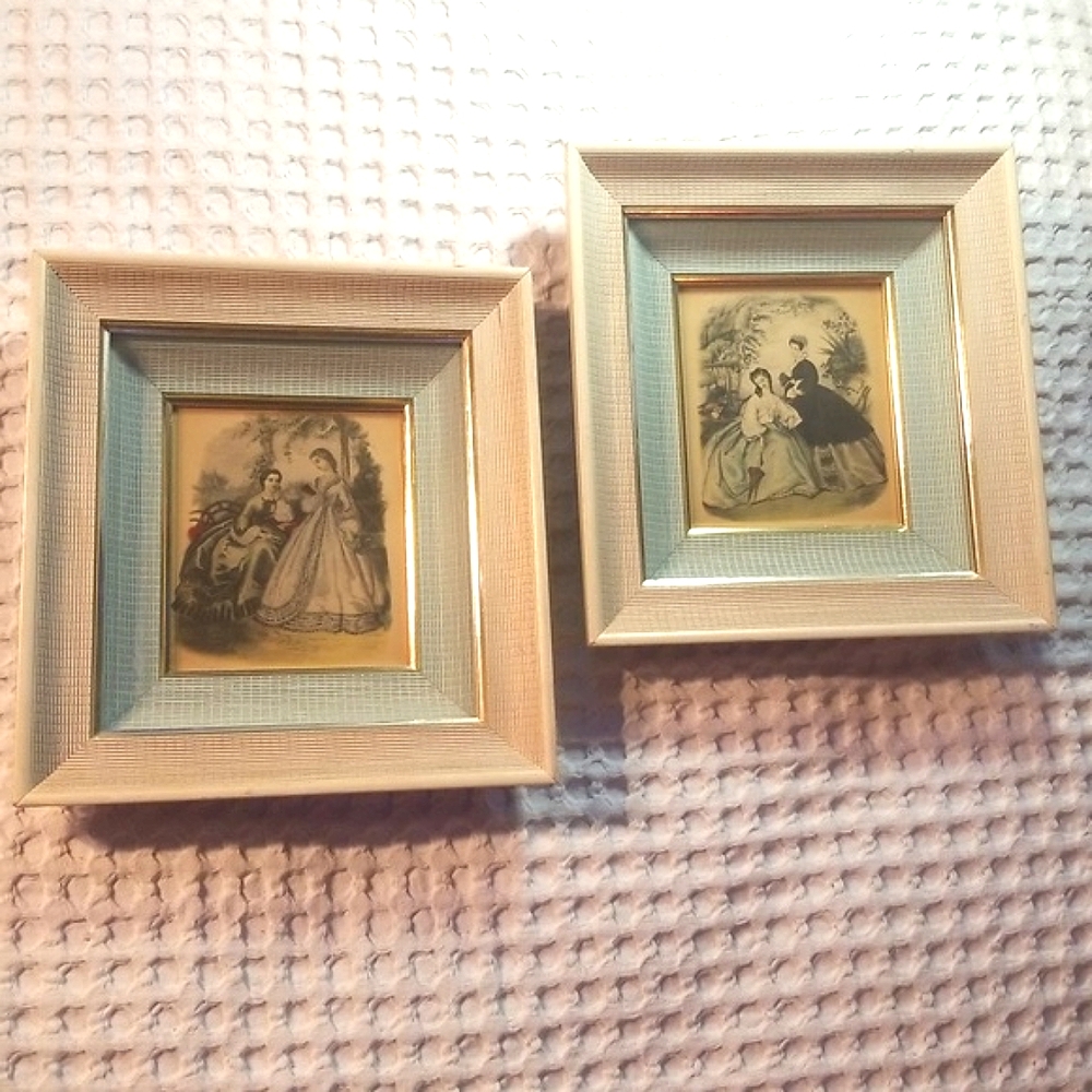 2 Vintage Victorian Hand painted pair colored Photograph TIffany blue Deep frame